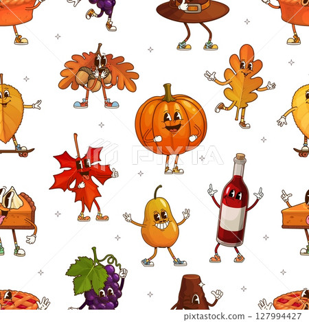 Groovy Thanksgiving characters seamless pattern for autumn holiday, vector background. Thanksgiving day groovy retro cartoon characters of funny pumpkin, freaky apple pie with funky oak acorn and wine 127994427