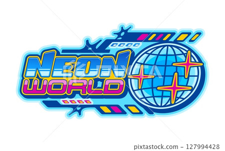 Neon world globe element retro Y2K icon or sign. International business planet vintage vector sign, worldwide travel globe emblem. Earth globus icon with retro futuristic metallic typography text 127994428