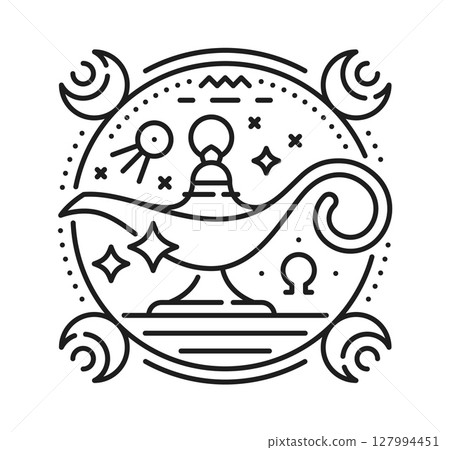 Egyptian oil lamp esoteric line tattoo or print. Egypt culture tarot sacred lineart vector sign, Africa civilization esoteric outline tattoo. Egyptian mythology boho print with ancient oil light lamp 127994451