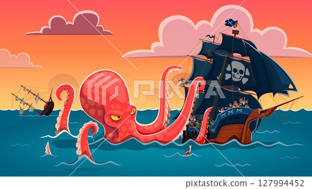 Big kraken octopus wreck the pirate ship vector background. Scary sea monster or giant kraken octopus animal cartoon character attacking corsair sailboat with huge tentacles. Pirate adventure game 127994452