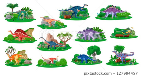 Prehistoric dinosaurs in their natural habitats. Vector scenes include species like sauropods, theropods, and ornithopods surrounded by lush vegetation, rocks and ancient trees, at the Mesozoic era 127994457