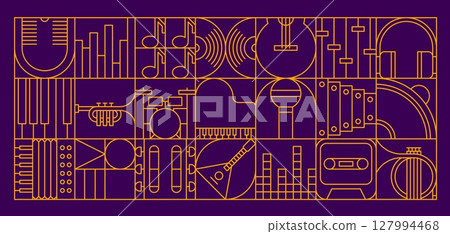 Music modern geometric pattern of musical instruments in line tiles, vector background. Music geometric mosaic pattern of guitar and piano, jazz trumpet and tape cassette, vinyl disc and microphone 127994468