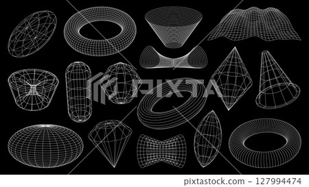 3D wireframe shapes, brutal and tech grids or retro perspective mesh, vector forms. Abstract geometric shapes in wire line or isometric graphic elements in wireframe mesh of circle, globe and tunnel 127994474
