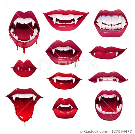 Vampire mouths and teeth vector set of Halloween horror holiday monsters. Sexy female lips with fangs, blood drops and tongues, red lipstick open mouths and smiles of witches or beast creatures 127994477