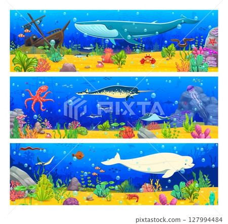 Game ocean underwater background with cartoon sea animal characters, algae seaweeds, sunken ship and rocks, coral reefs and sand bottom. Underwater panoramic background with whale, narwhal and beluga 127994484