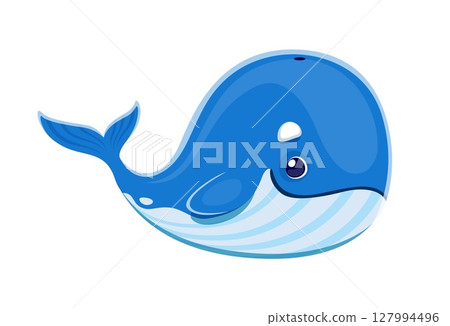 Ocean animal cartoon blue whale cute character. Ocean wildlife, underwater fauna and marine mammal animal isolated vector personage or mascot. Cute big blue whale happy smiling character 127994496