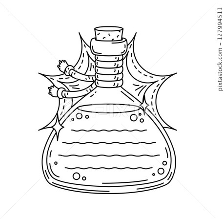 Magic potion bottle kids memo note template. Child diary page outline vector checklist, schedule linear template. Kid scrapbook memo note or To Do list frame with witchcraft elixir flask or bottle Magic potion bottle kids memo note template. Child diary page outline vector checklist, schedule linear template. Kid scrapbook memo note or To Do list frame with witchcraft elixir flask or bottle 127994511