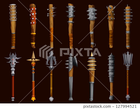 Fantasy medieval club weapon game asset. Fairytale hammer, ancient bludgeon weapon RPG game inventory vector item. Magical war hatchet, fantasy wooden club with metal spikes and blades GUI icons 127994521