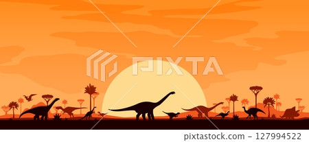 Jurassic era landscape with dinosaur silhouettes. Vector background with lush tropical trees beneath a golden sunset, mountains in the distance, silhouettes of majestic dino roaming across the horizon 127994522