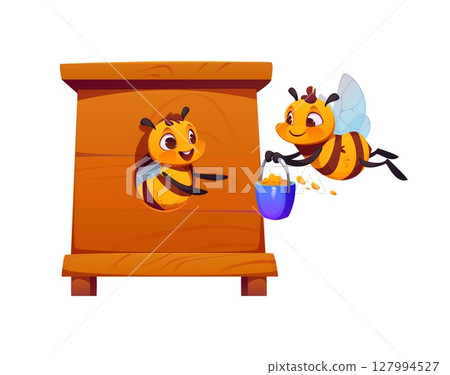 Cartoon funny honey bee characters working in hive. Cute honeybee insect happy vector characters flying and collecting pollen with bucket. Spring bumblebee bug, apiary farm bee kids cute personages Cartoon funny honey bee characters working in hive. Cute honeybee insect happy vector characters flying and collecting pollen with bucket. Spring bumblebee bug, apiary farm bee kids cute personages 127994527