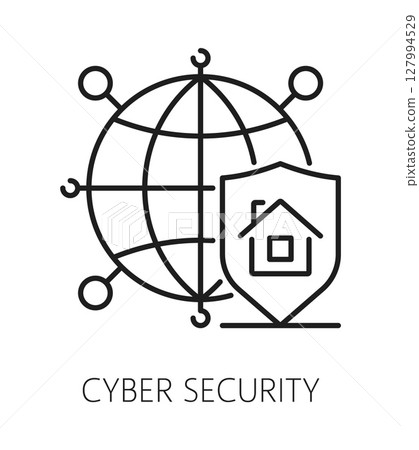 Cyber security home security line icon or emblem. Building safety service outline vector icon, house protection line symbol. Cyber attack security linear pictogram with globe and shield 127994529