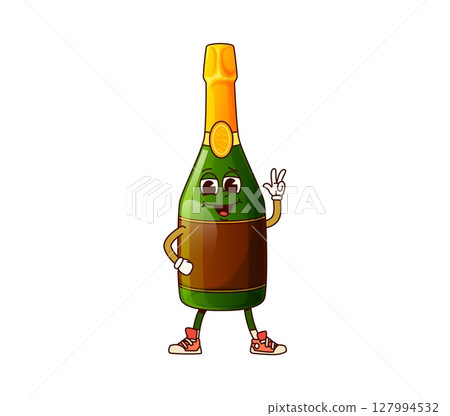 Sparkling wine beverage groovy character. Anniversary party alcohol drink 60s funny vector personage or isolated retro mascot. Sparkling wine bottle cheerful character shoving peace hand gesture sign 127994532