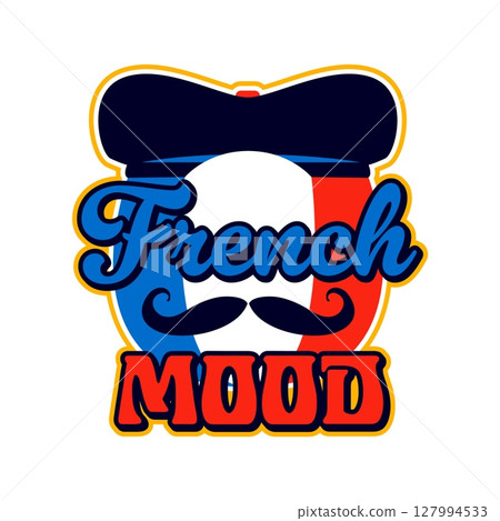 France french mood retro Y2K sticker or symbol. France flag colors 60s 70s vector patch, Europe country culture Y2K tag. French tourism label or sticker with beret cap, mustaches and typography 127994533
