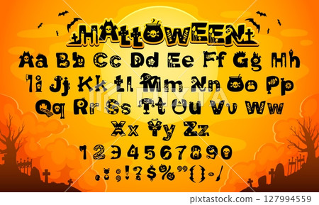 Halloween font, cartoon evil type, funny scary typeface, spooky alphabet of Helloween monster letters and numbers. Vector typography font of Halloween ghost, pumpkin, bat and mummy abc characters 127994559