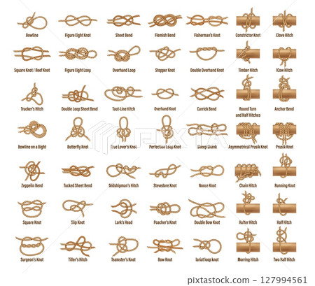 Sail boat rope knots types of marine ship string loops of sailor cables, vector icons set. Rope knot types with names of sailboat fasten strings and cords, square and overhand or sheet and sailor knot 127994561