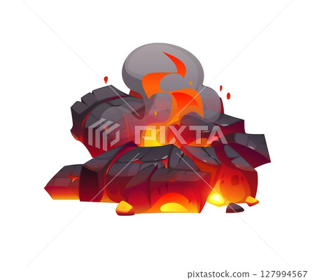Cartoon fireplace charcoal, fire flame on burn ember coal piece and ash. Burnt ember or charcoal single isolated vector piece. Barbecue flaming, fiery hot charcoal, fireplace or bonfire burning coal 127994567