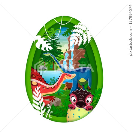 Prehistoric paper cut dinosaur egg. Extinct animals cheerful characters, paleontology reptile paper cut vector concept with baby dino egg, quaesitosaurus, ouranosaurus dinosaurs in jungle landscape Prehistoric paper cut dinosaur egg. Extinct animals cheerful characters, paleontology reptile paper cut vector concept with baby dino egg, quaesitosaurus, ouranosaurus dinosaurs in jungle landscape 127994574