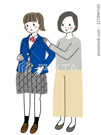 High school student pregnant: anxious girl and her mother watching over her warmly High school student pregnant: anxious girl and her mother watching over her warmly 127994580