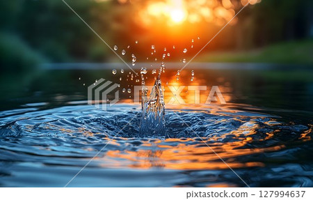 Water droplet impact creates a splash with sunset reflections on 127994637