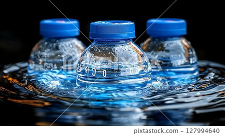Three Small Water Bottles Submerged in Rippling Water Against a 127994640