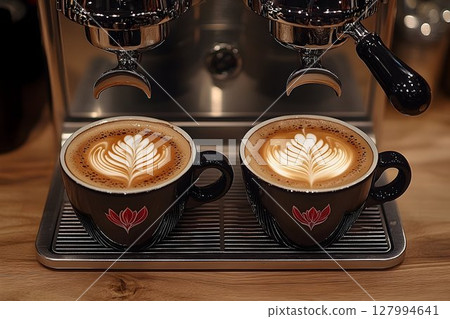 Two Cups of Latte Art with Lotus Design on Espresso Machine Tray 127994641