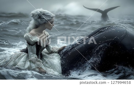 Melancholy maiden in antique dress touches a whale in a stormy s 127994658