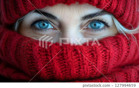 Intense Gaze Through Crimson Knit: A Woman's Eyes 127994659