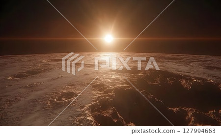 Distant Sun Illuminates Alien Landscape with Atmospheric Haze an 127994663