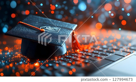 Graduation Cap on Laptop Keyboard with Festive Lights 127994673