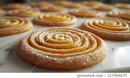 Close-up of glistening spiral cookies on a white marble surface, 127994675