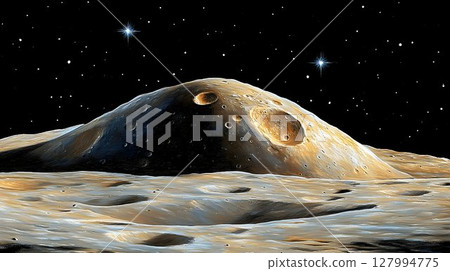 Cratered moonscape with twin stars against a black starry sky ba 127994775