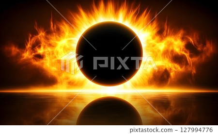Fiery Orb Reflected in Water: A Dramatic Display of Light and Sh 127994776