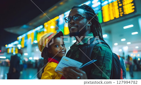 Father and Daughter at Airport, Travel Documents in Hand, Depart 127994782