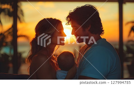 Young couple silhouette with baby at sunset family love and togetherness Young couple silhouette with baby at sunset family love and togetherness 127994785