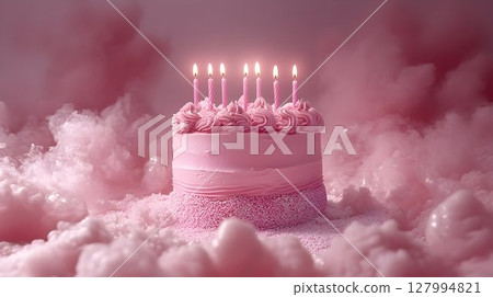Pink birthday cake with candles on cotton candy cloud 127994821