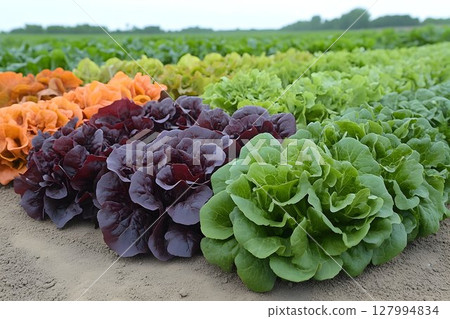 Colorful lettuce plants growing in rows on a farm field 127994834