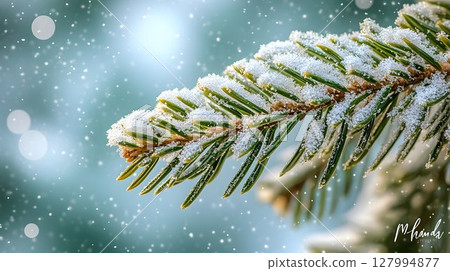 Snow covered pine branch winter holiday nature macro photography 127994877