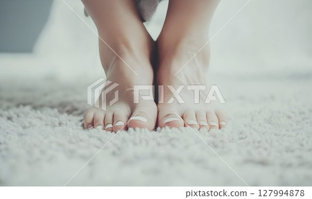 Closeup of womans feet on soft carpet smooth skin manicured toenails 127994878
