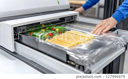 Food packaging process worker operating vacuum sealing machine 127994879