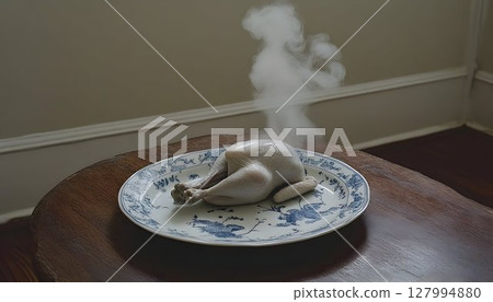 Cooked chicken on plate with steam food photography culinary image 127994880