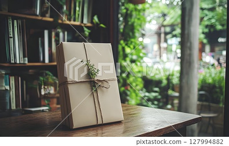 Rustic wrapped gift on wooden table with bookshelf background 127994882