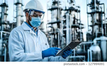 Industrial worker checking clipboard at refinery 127994891