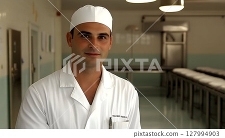 Smiling chef in white uniform kitchen portrait 127994903