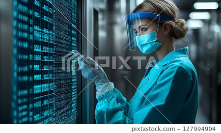 Female scientist analyzing data on large screen protective gear 127994904