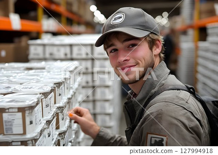 Smiling young warehouse worker checking inventory 127994918