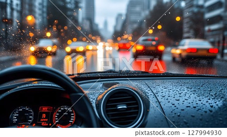 Rainy night city driving interior car view with blurred lights and raindrops 127994930
