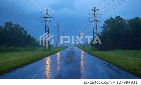 Rainy road under a stormy sky power lines landscape 127994931