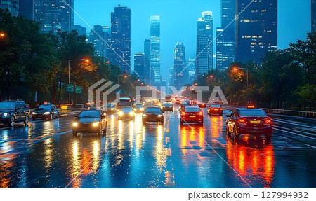 Night city traffic rain reflections urban scene transportation Night city traffic rain reflections urban scene transportation 127994932