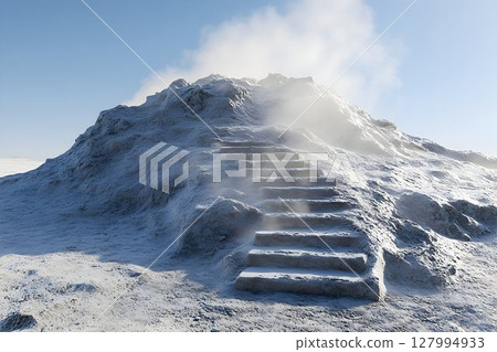 Icy hill with ascending stairs winter landscape Icy hill with ascending stairs winter landscape 127994933