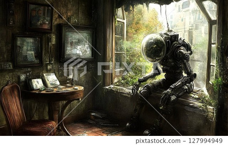 Robot in old room by window dark moody post apocalyptic setting 127994949